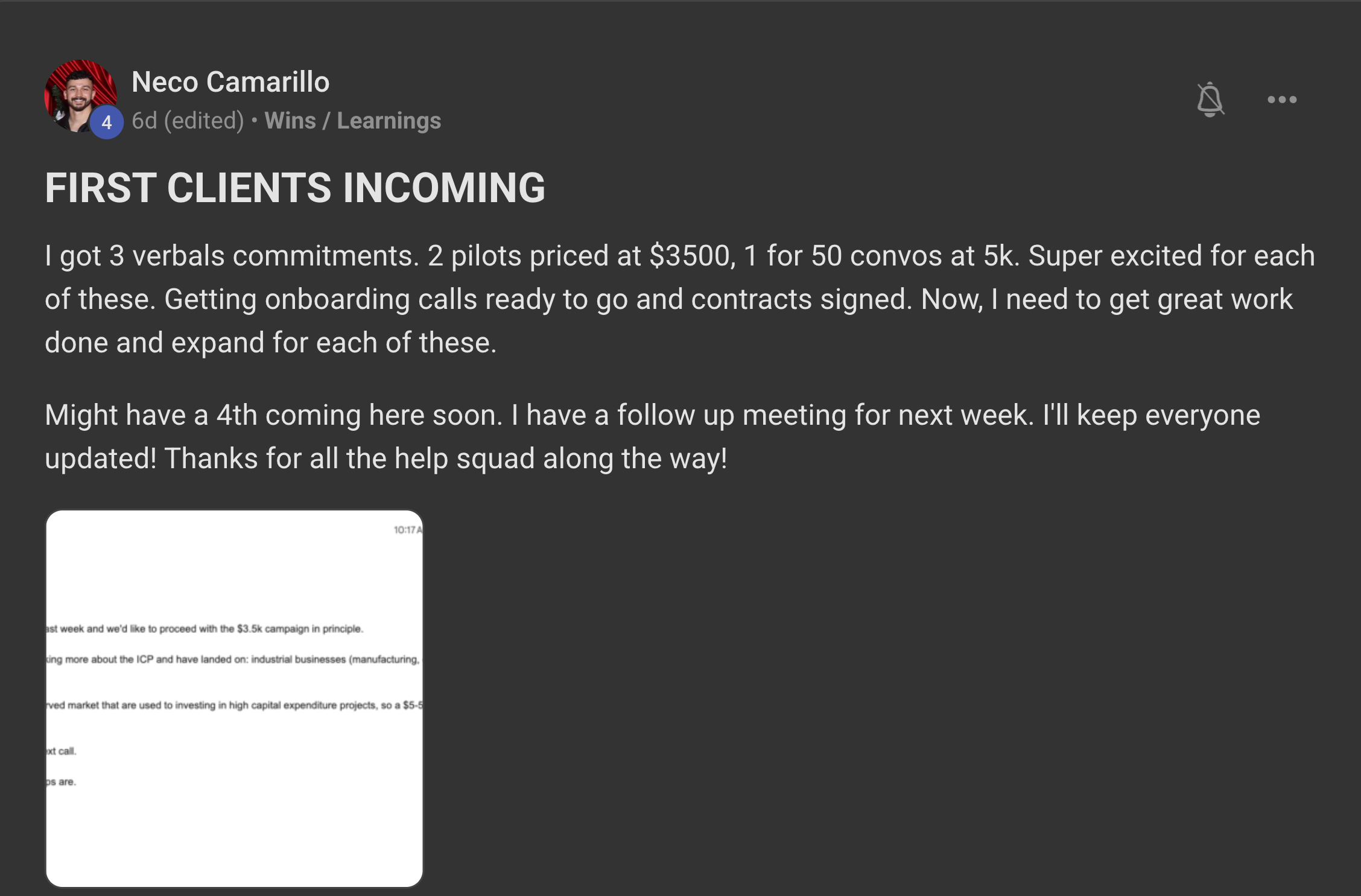 Neco Camarillo: FIRST CLIENTS INCOMING